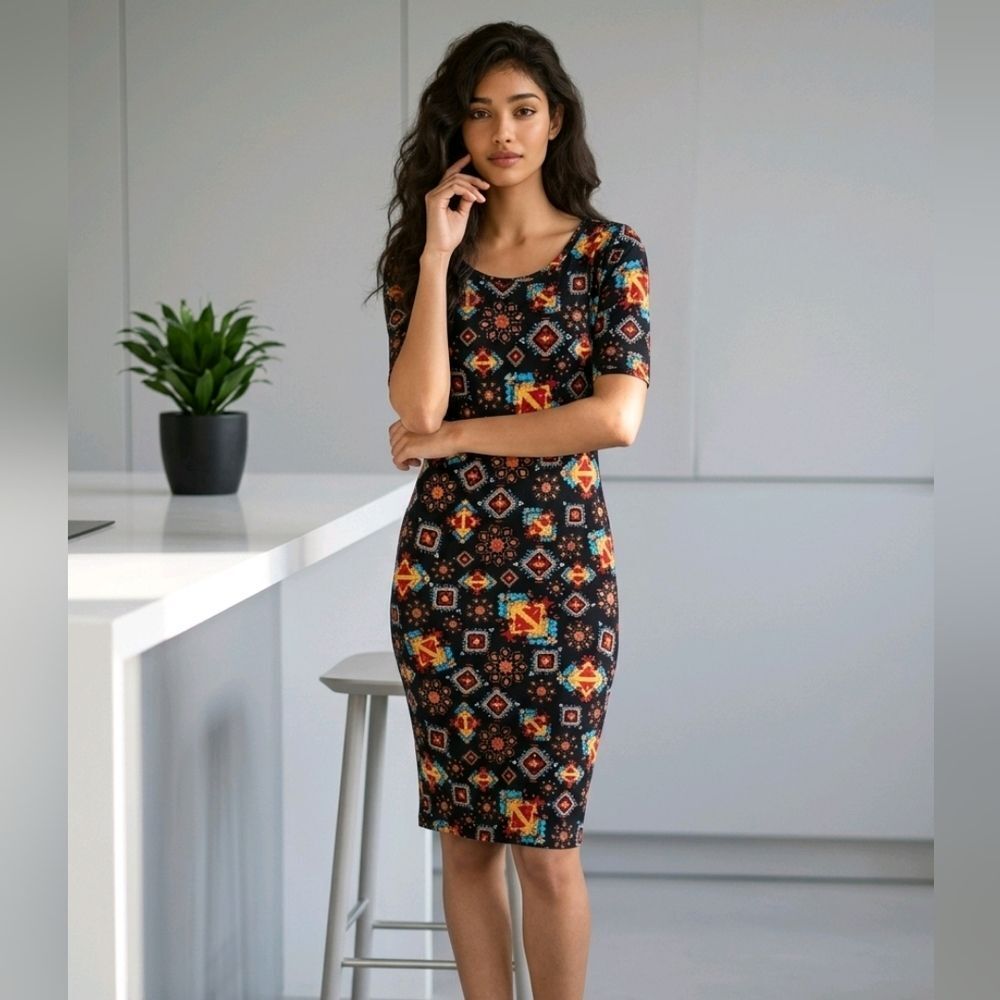 LuLaRoe Julia XXS Black Geometric Boho Bodycon Stretch Sheath Dress Knee Length